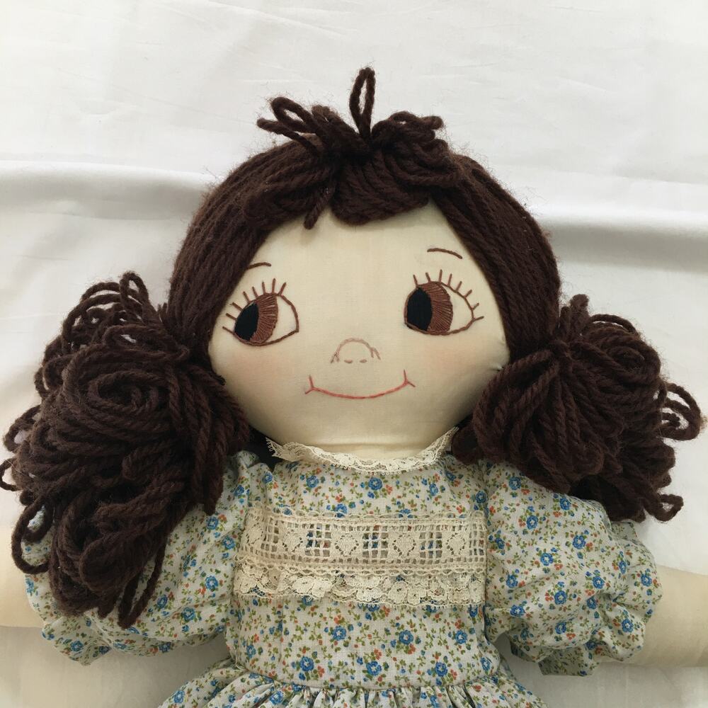 Vintage Handmade Muslin Cloth Girl Baby Doll Original 1979 Dolly Yarn Hair
